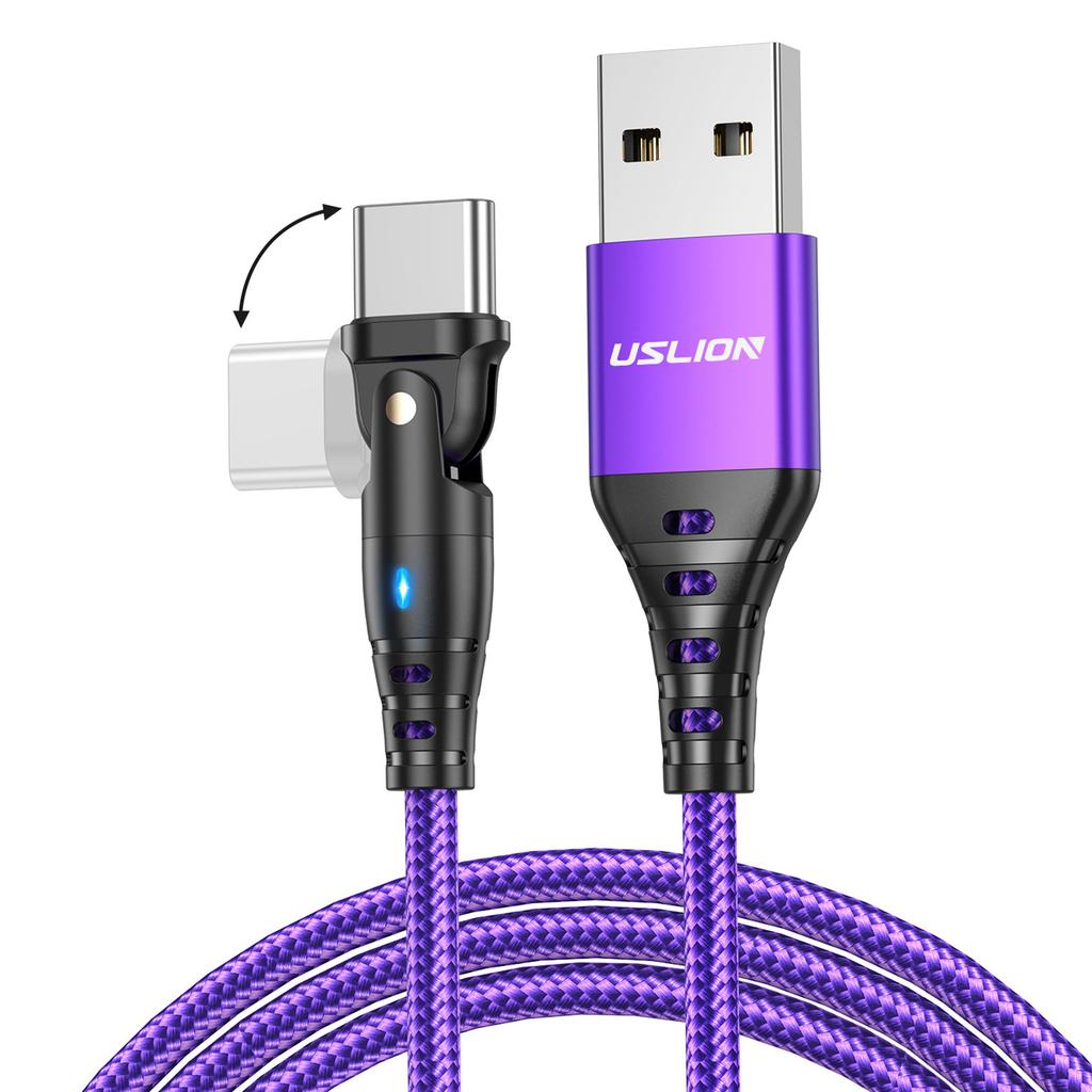 USLION US0189 1m USB A To Type C Cable 180 Degree Rotating Angled Head 3A Charging Data Cord