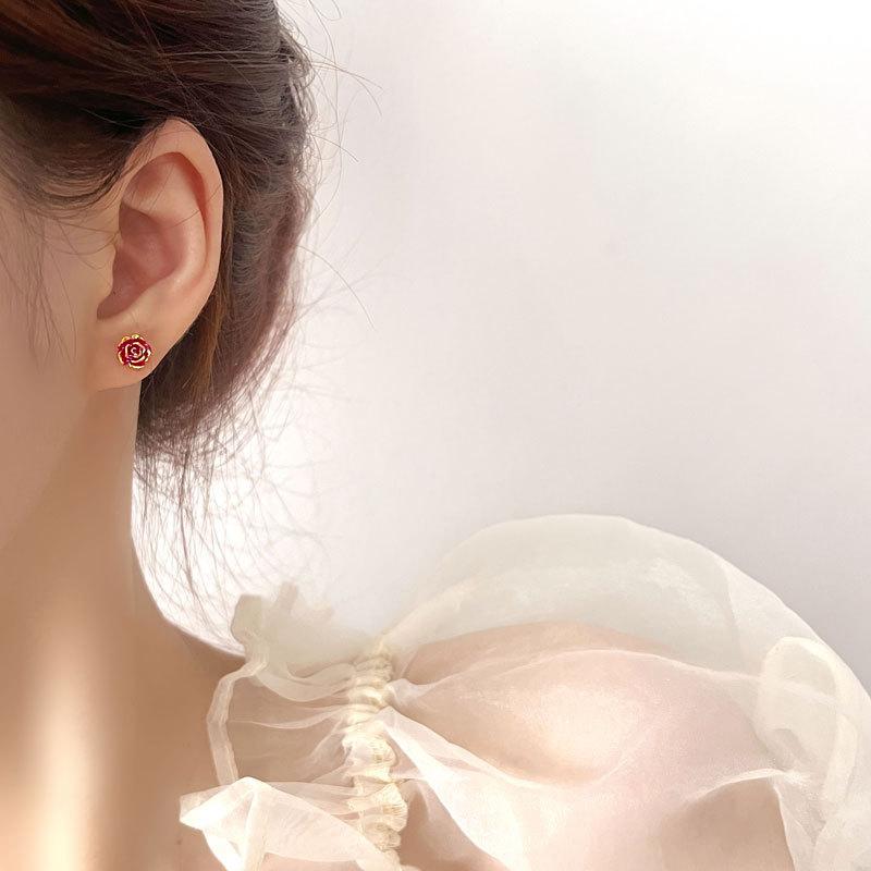 Stud Earrings Red Rose Niche Design French Retro Personality Student