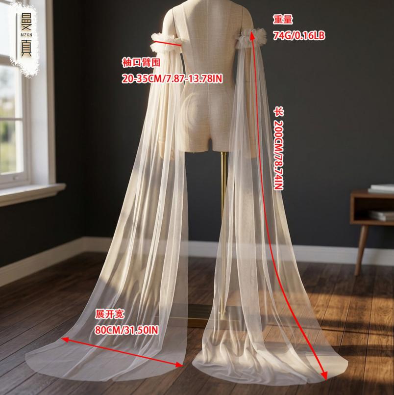 Detachable Off Shoulder Ruffle Tulle Long Train Arm Sleeves Maxi Floating Sheer Bridal Cuffs For Strapless Mermaid Wedding Gown Photoshoot