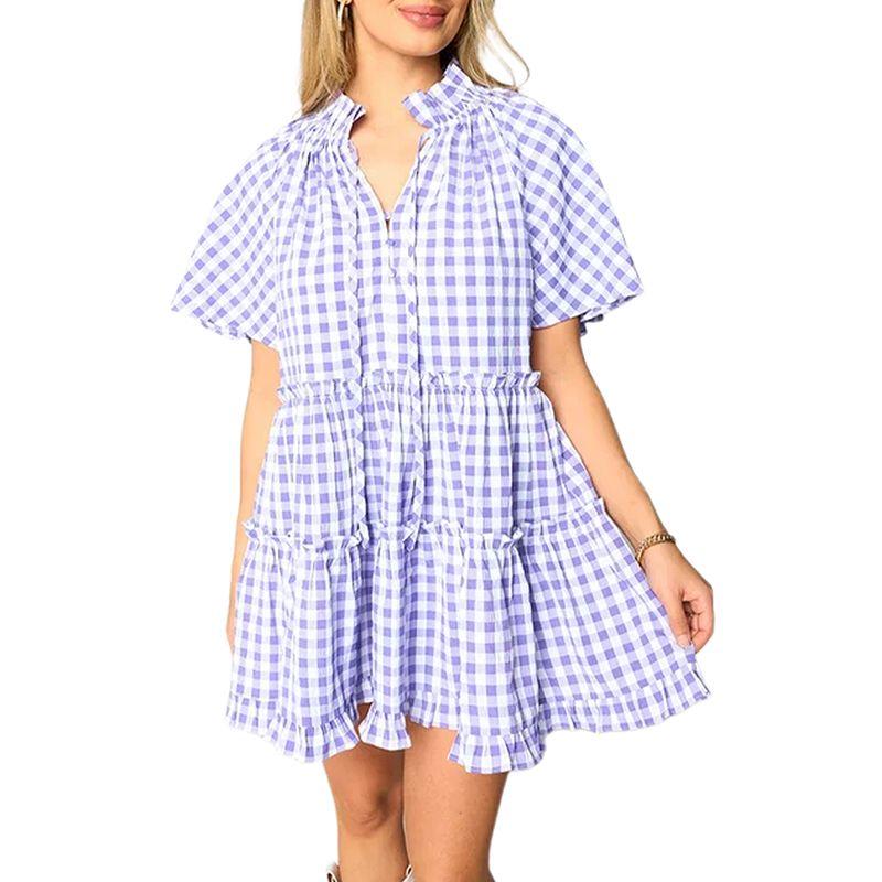 

American Shiying Summer New Arrival Cute Knee-Length Skirt Women 2025 Fashion Plaid Color Matching Short Sleeve Dress Plaid Size XL fit (70.00 kg-75.00 kg