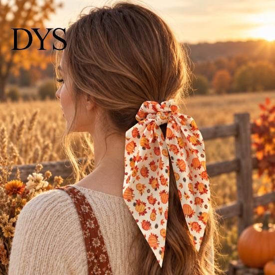 Autumn Theme Hair Ties for Gifts Fall Pumpkin Maple Leaf Tie Women, Bow Knot Ribbon Ponytail Elastic Bands Thick Holder, Soft Fabric Accessory