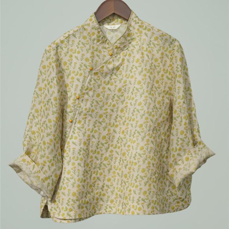 Johnature Women Vintage Print Floral Shirts Tops Stand Puff Sleeve Blouses Summer Chinese Style Female Shirts