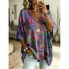 Plus Size Women's Bohemian Blue Printed Bat Sleeve T-Shirt Loose V Neck Short Sleeve Top