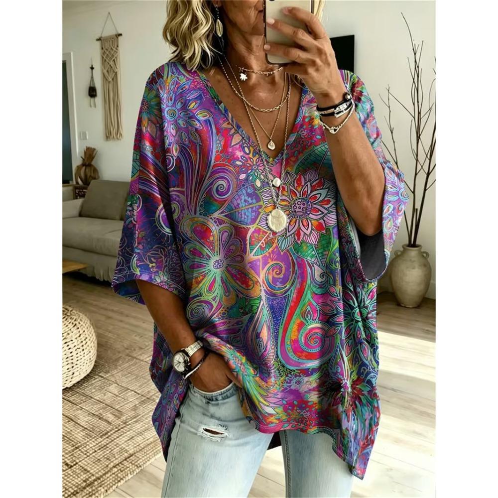Plus Size Women's Bohemian Blue Printed Bat Sleeve T-Shirt Loose V Neck Short Sleeve Top