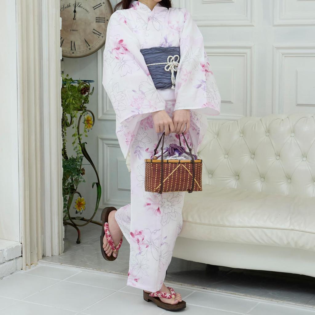RAVIR Yukata White with Line Drawings and Floral Fluffy Obi and Geta One Size Fits All Women's 3-Piece Set, Watercolor-Style Patterns, Belt, Sandals,