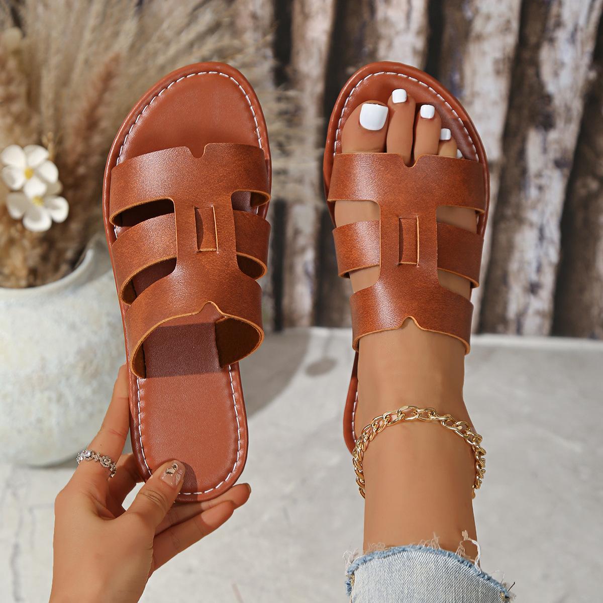 

Тапочки на плоской подошве женские летняя новая верхняя одежда 2025 года римские женские тапочки повседневные пляжные тапочки с открытым носком 43 коричневый