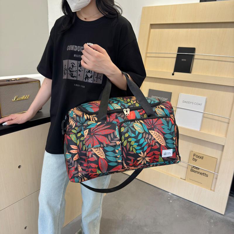 Oxford Fabric Travel Duffel Bag with Leaf Print Multiple Pockets Waterproof Gym Weekender Bag