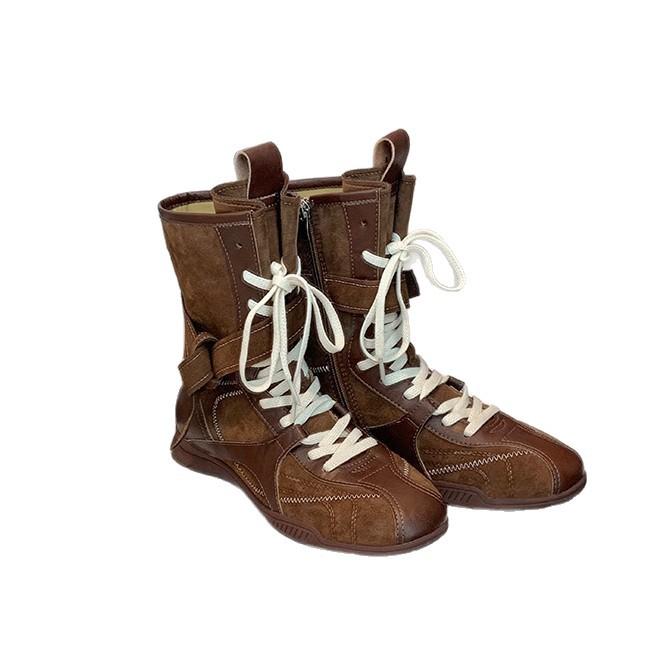 New Spot Cowhide Version Grape Mother Boxing Boots Retro Color Matching Straps Side Zipper Hunting Clothes Dexun Martin Boots Women