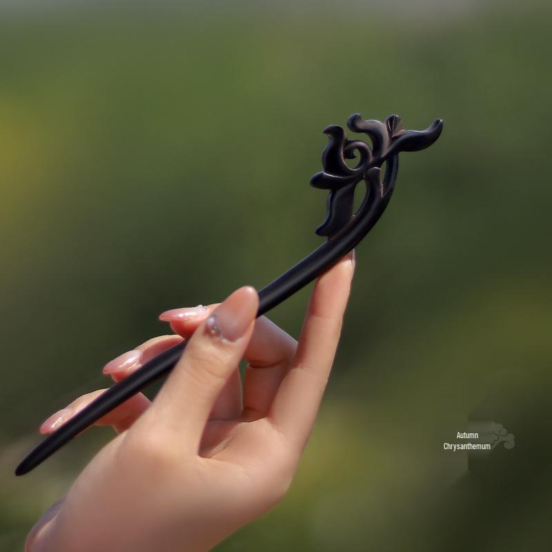 High-End Natural Ebony Wood Hairpin - Extended Chinese Ancient Style Black Hair Bun Accessory
