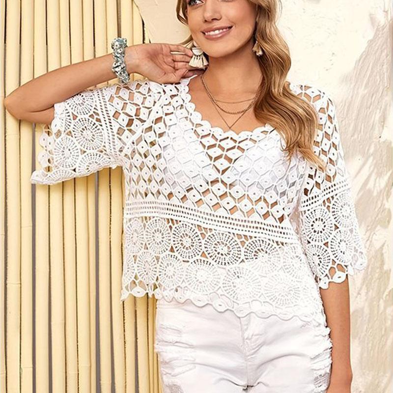 

Новый весенний вязаный крючком ажурный свитер женская рубашка с короткими рукавами стильный топ свободный и универсальный чехол защита от солнца трикотаж one size белый