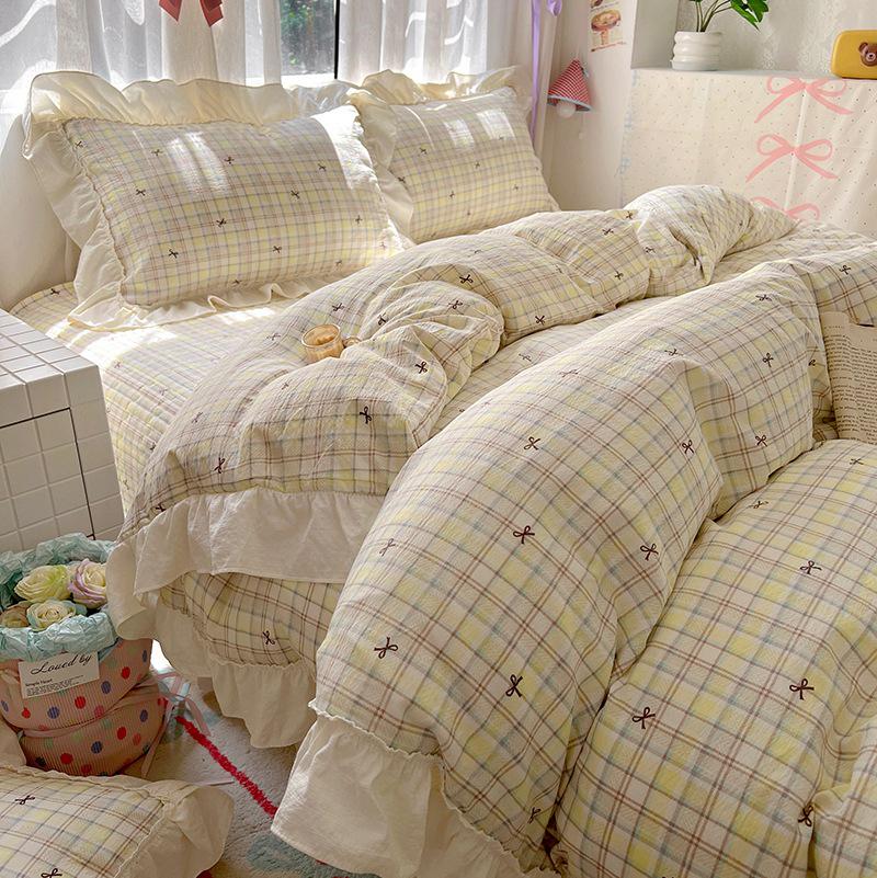 Princess Style Crinkled Gauze Lace Bedding Set - 4-Piece Washable Cotton Plaid Double Duvet Cover for All Seasons