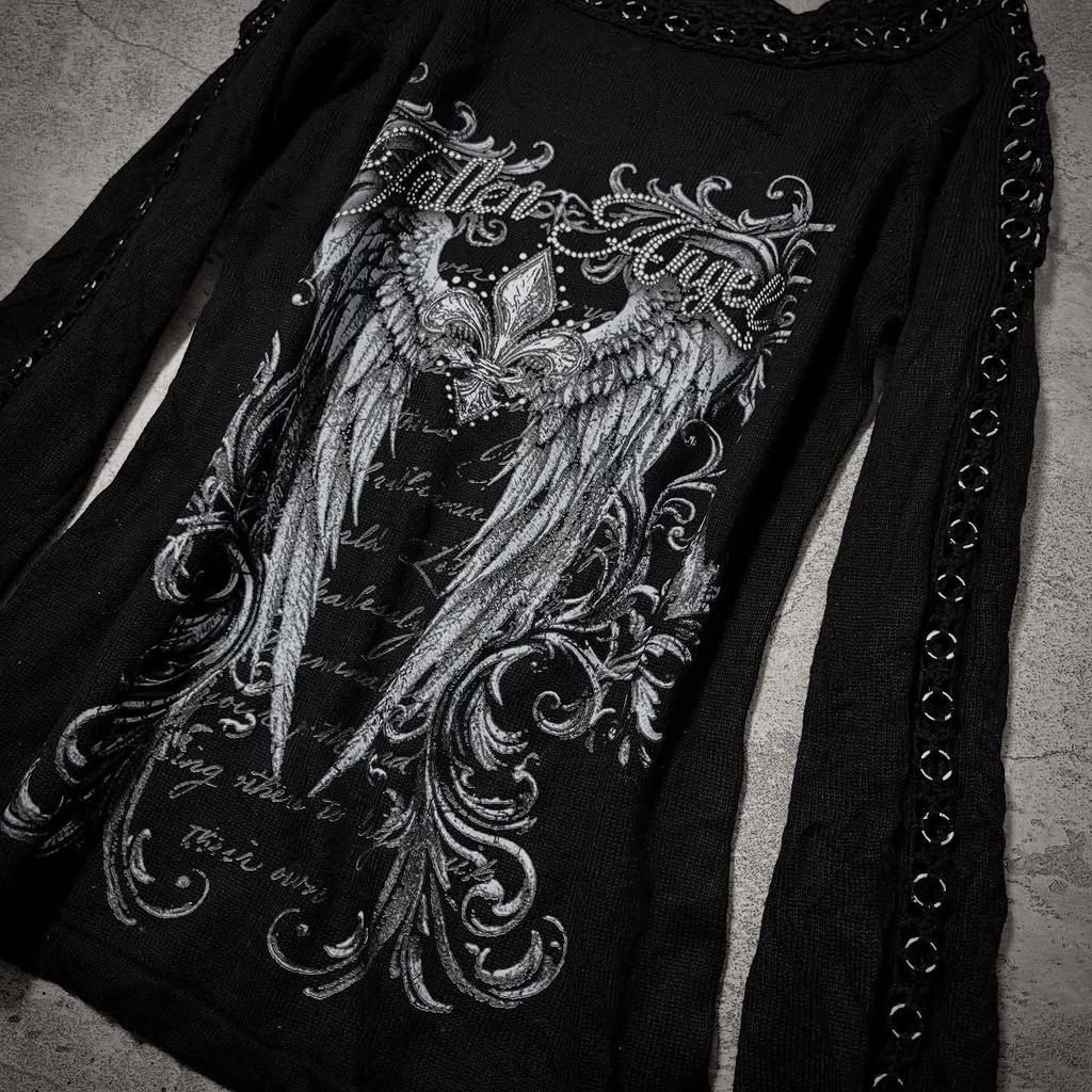 2026 Dark Gothic Fallen Angel Rhinestone Strappy Off-the-Shoulder Long Sleeve Women's Top