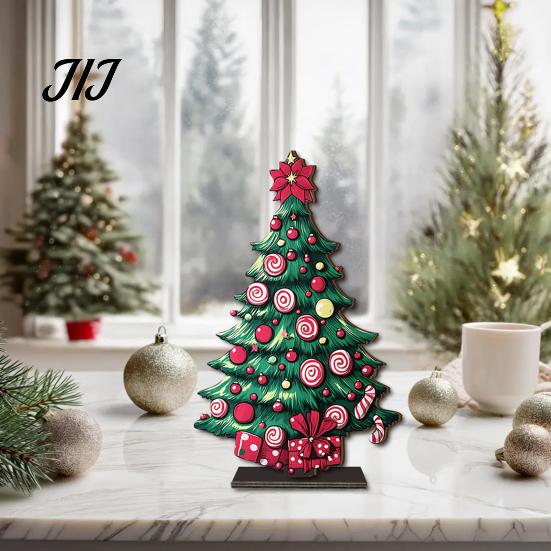Double Sided Printed Decorations 2D Wooden Christmas Tabletop Ornaments, Xmas Tree Santa Lightweight Trees Snowman Sign with Stand, Holiday