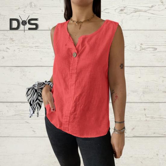 Women Vest Sleeveless Button Decoration Casual Tank Tops Solid Color Cotton Linen Lightweight Breathable Tops