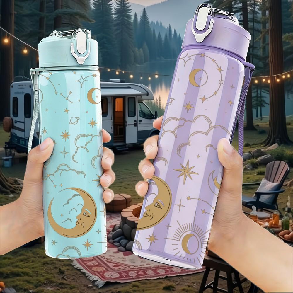 1PC Moon Star Boho Celestial Pattern Print 750ml Color Plastic Sports Water Bottle Leakproof Flip Straw Lid Suitable for Sports Office Home Use