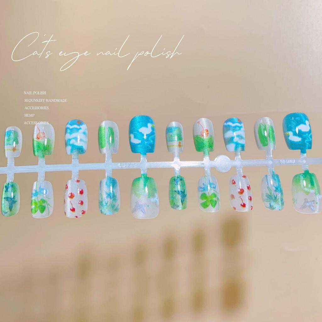 Exquisite Spring Cat Eye Press-On Nails - Fresh Green Ombre Whitening Nail Tips