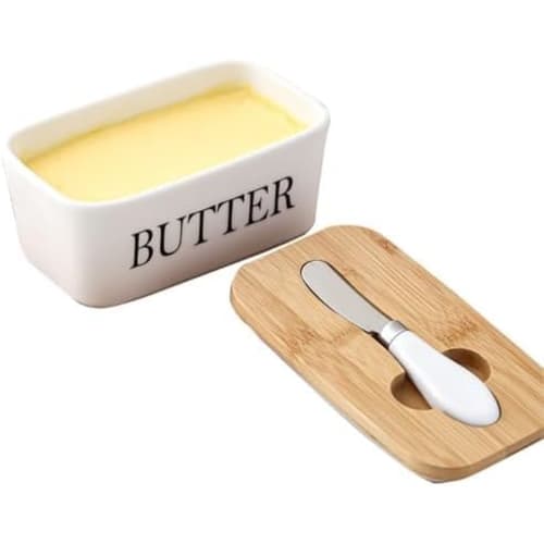 Butter Case, Storage Container with Knife, Wooden Case and Ceramic Butter Holder, Butter Knife Box, Kitchen Storage, Condiment Storage Container, Scan
