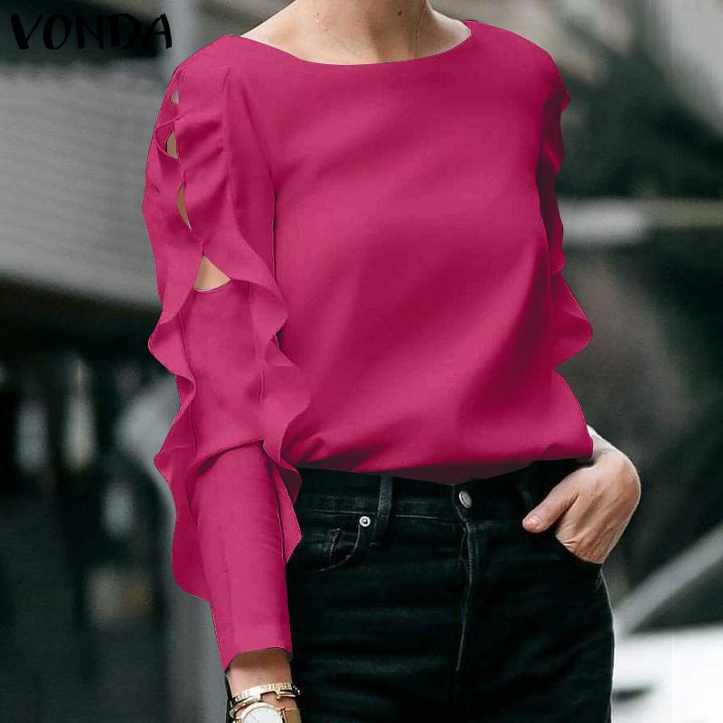 VONDA Womens Summer Fashion Round Neck Puff Long Sleeve Blouse