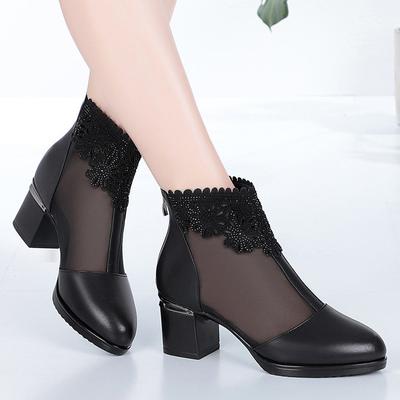 Damen-Sandalen aus Netzstoff mit dickem Absatz, Fischmaul-Sandalen, Mittelabsatz, hohle Sandalen, große Damenschuhe, 43