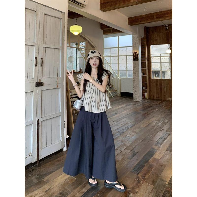 Kumikumi Casual Set Women Retro Stripe Flying Sleeves Shirts Summer Loose Wide Leg Casual Pants Two-piece Set