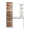 Work Table/Desk with Storage – White with Wood-Strip Contrast, lower cabinet with doors and upper open shelf, office design, 123.5x45x168.5 cm