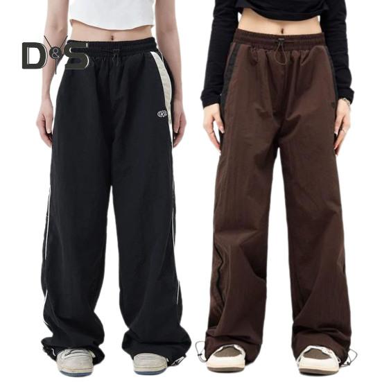Women Summer Casual Pants Elastic High Waist Straight Wide Leg Long Trousers Contrast Color Pockets Sport Pants Streetwear