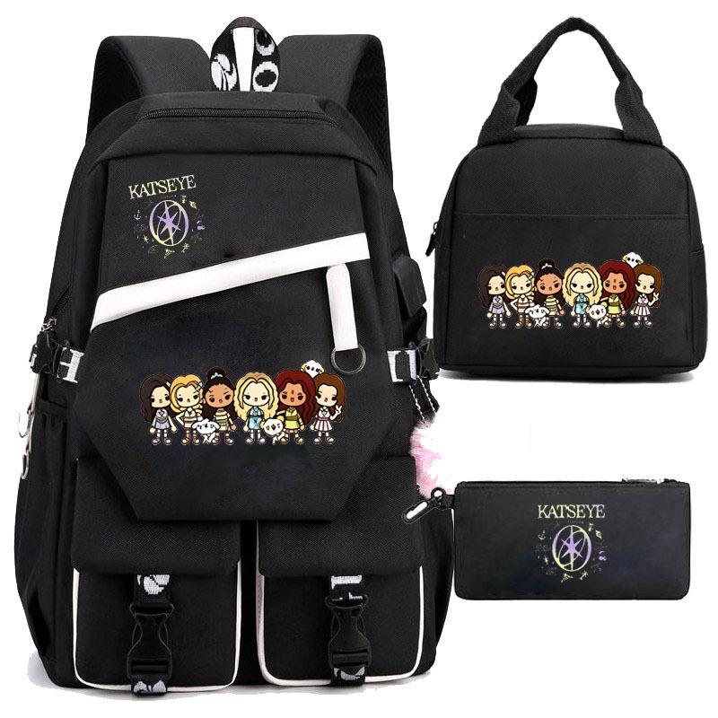 Katseye 3-in-1 School Backpack Set USB Charging Lunch Bag Pencil Case for Teenagers Students Lightweight Casual Bookbag with Large Capacity