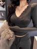 Women's Sexy V-Neck Lace Trim Long Sleeve T-shirt - Stylish Autumn/Winter Slim Fit Top
