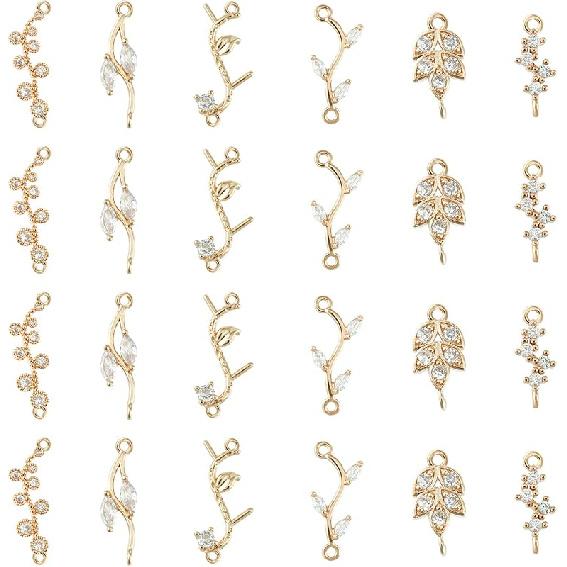 SUPERFINDINGS 24 шт. 6 стилей Звенья с кубическим цирконием Подвески-коннекторы Кристаллическая ветка с листьями Золотое покрытие Пшеничные подвески Подвеска с листьями из страз Tree