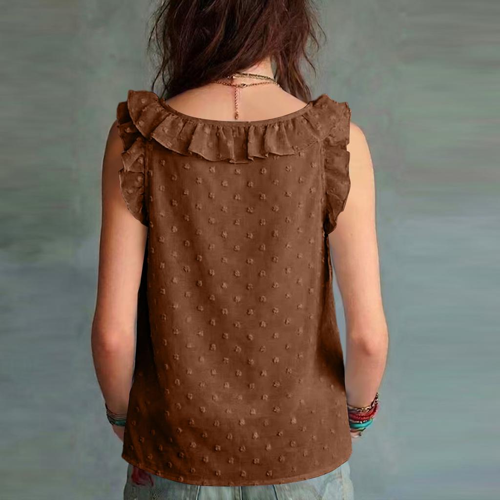 Women's Casual Sleeveless V-Neck Top with Ruffled Hem Color for Summer