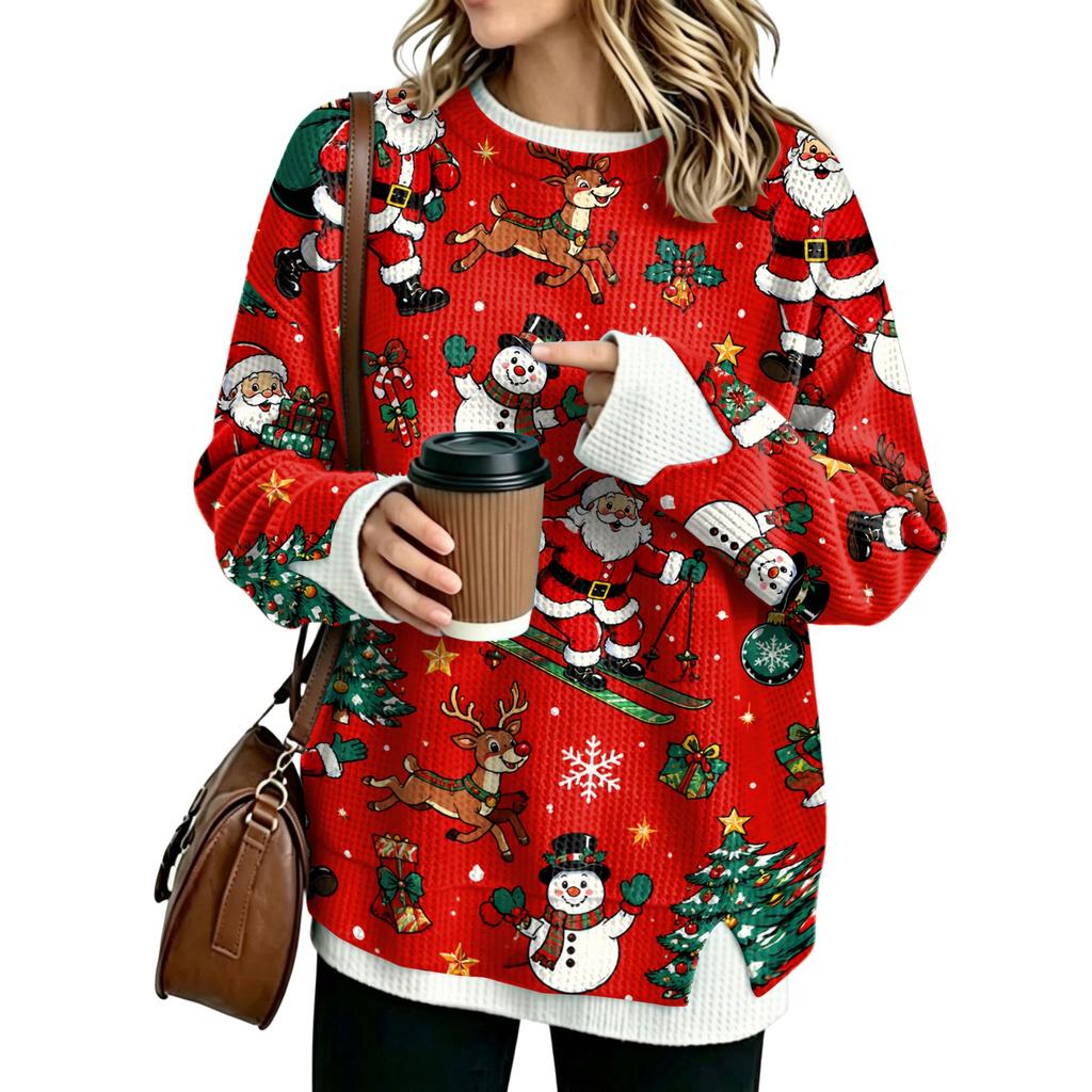 Women's Flannel Round Neck Two-Piece Paneled Christmas Print Top for Holiday