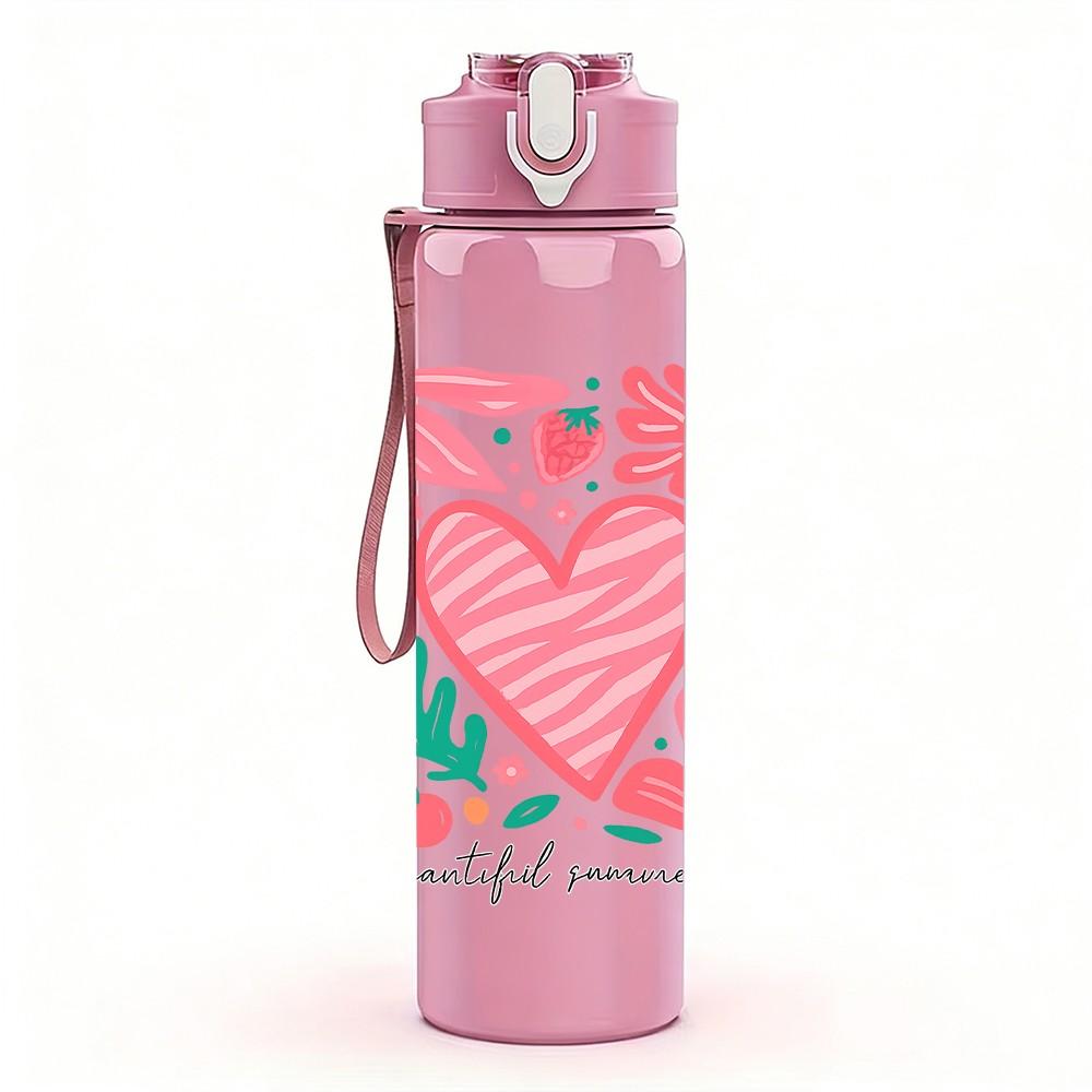 1PC Pink Floral Heart Frame 750ml Color Plastic Sports Water Bottle Leakproof Flip Straw Lid Suitable for Sports Office Home Use