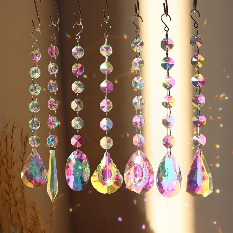 Crystal Suncatcher Stained Glass Crystal Lighting Pendant Chain Hanging Window Wind Chimes Rainbow Maker Home Garden Decoration