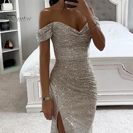 Třpytivé plisované šaty Elegantní výstřih do V Odhalená ramena Maxi Krátký rukáv Detail pasu Dlouhé Úzké Večerní párty Maturitní Ples Štíhlé Sexy Rozparek Jednobarevné Odhalená ramena