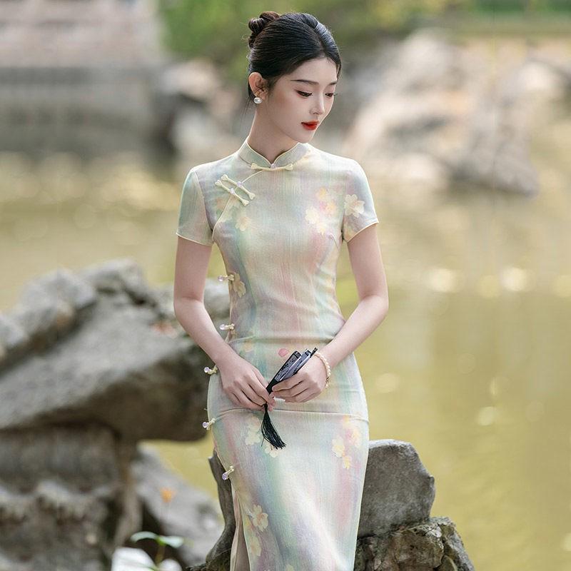 Modern Chinese-Inspired Long Cheongsam Dress Women 2026 Daily Wear Vintage Style With Stand Collar