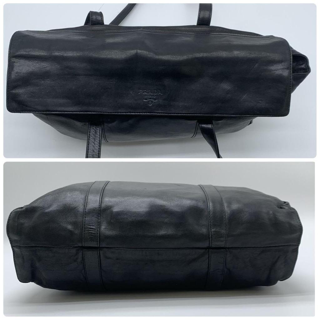 PRADA Handbag Shoulder Bag Shoulder Strap Tote Bag Nappa Leather Black Silver Hardware Logo Embossed Flap White Tag