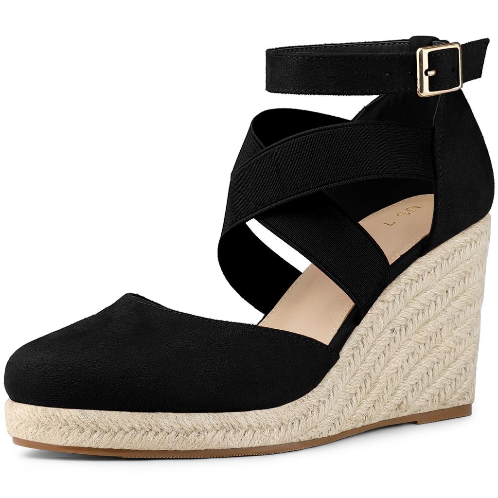 Allegra K Women's Espadrilles, Platform, Closed-Toe, Wedge Heel Sandals, Black, Size 24.5cm
