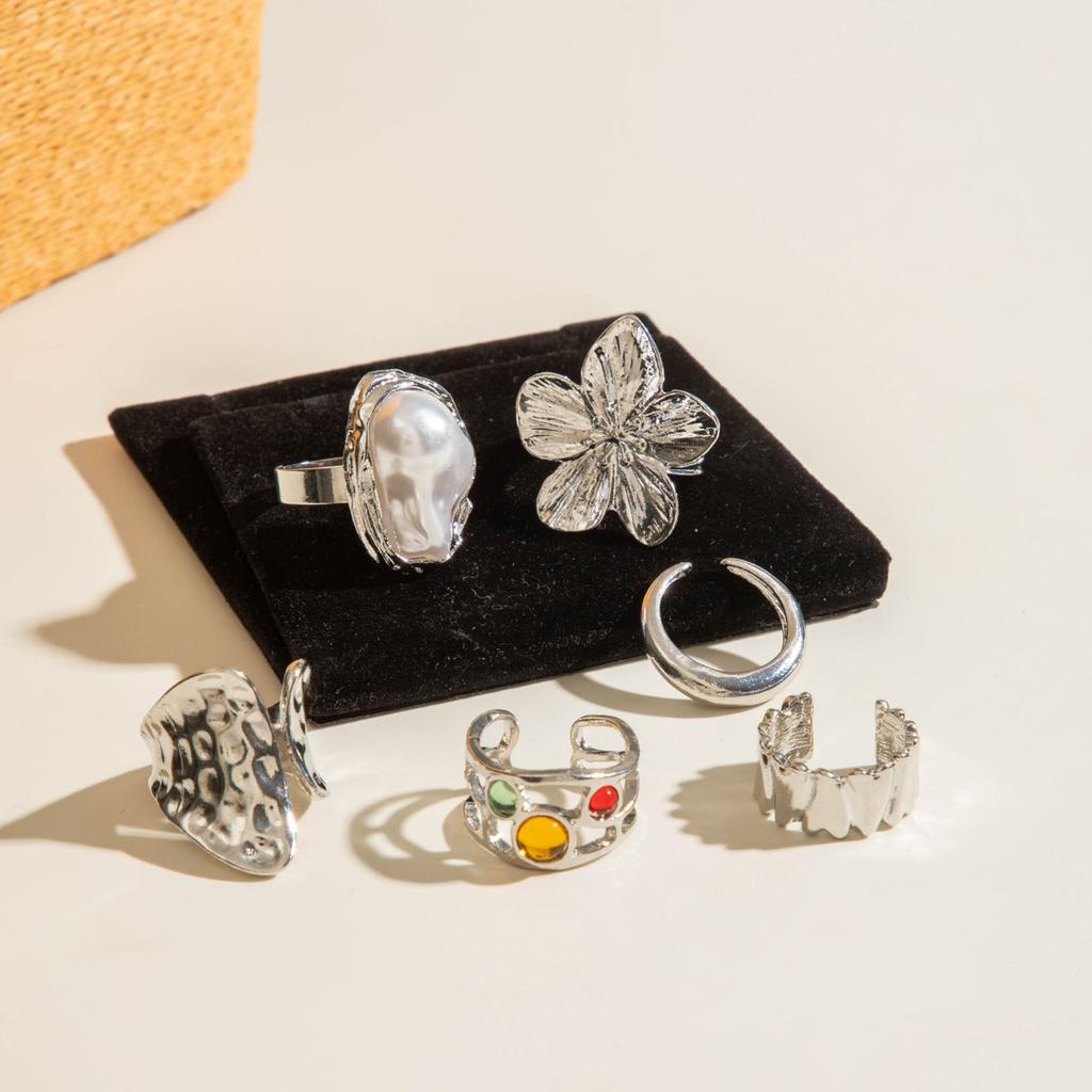 New Unique Design Liquid State Lava Flower Open Mouth Rings for Wonen Baroque Pearl Combination Ring Six-Piece Rings Set Jewelry