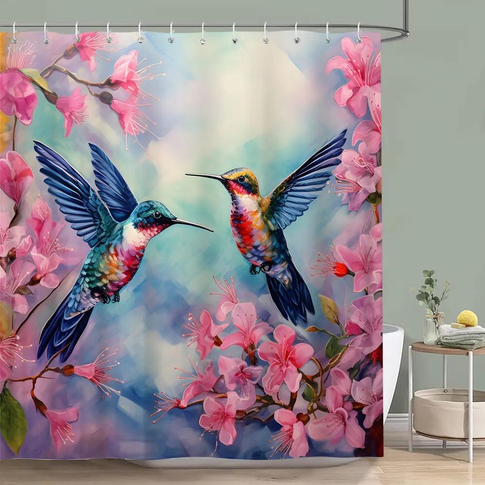 Wunderschöner Kolibri Blumen Duschvorhang Schmetterling Blume Botanischer Aquarelldruck Polyester Duschvorhang Badezimmerdekor