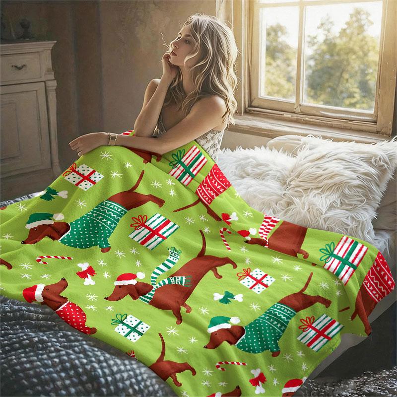 Xmas Dachshund-s Flannel Blanket Warm Soft Halloween Christmas Decorative Couch Warm Cozy All-Season Gift