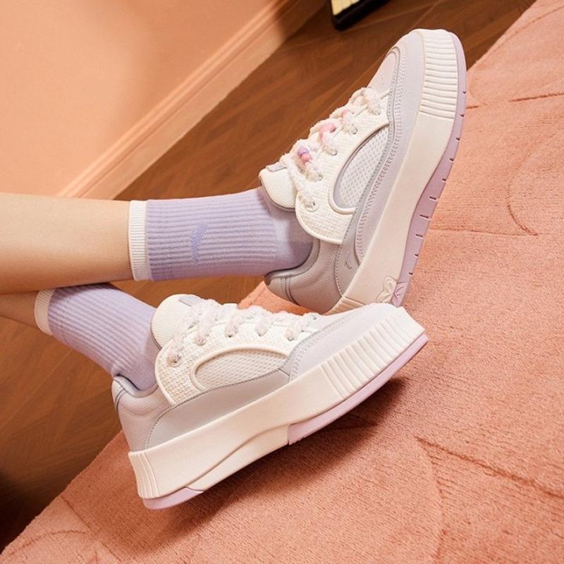 Anta Mousse Thick Sole Versatile Wear Resistant Breathable Low Top Skate Shoes Women Sneaker White Pink 122548035-1