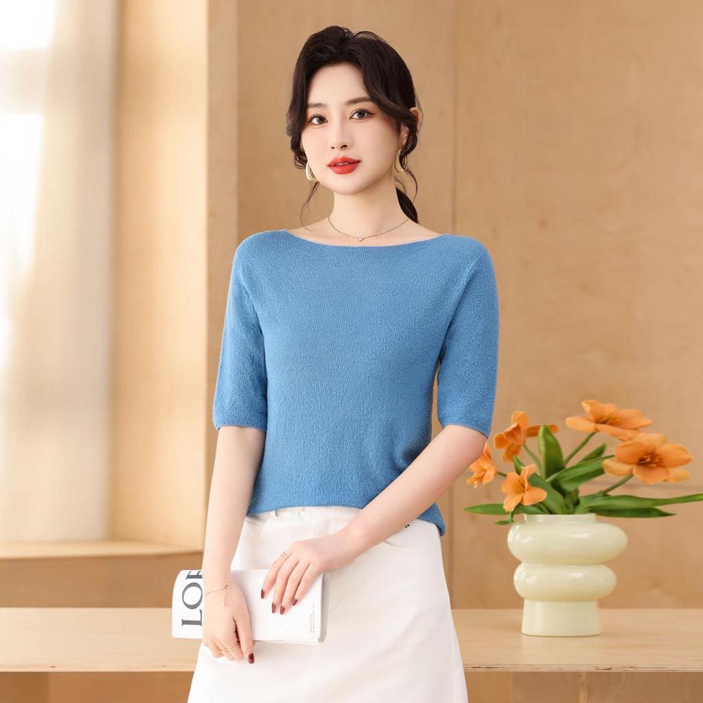 Lekasha Women's Off-Shoulder Fine Wool Sweater - Spring Style, Loose Fit, Mid-Sleeve, Five-Point Sleeve Base Layer