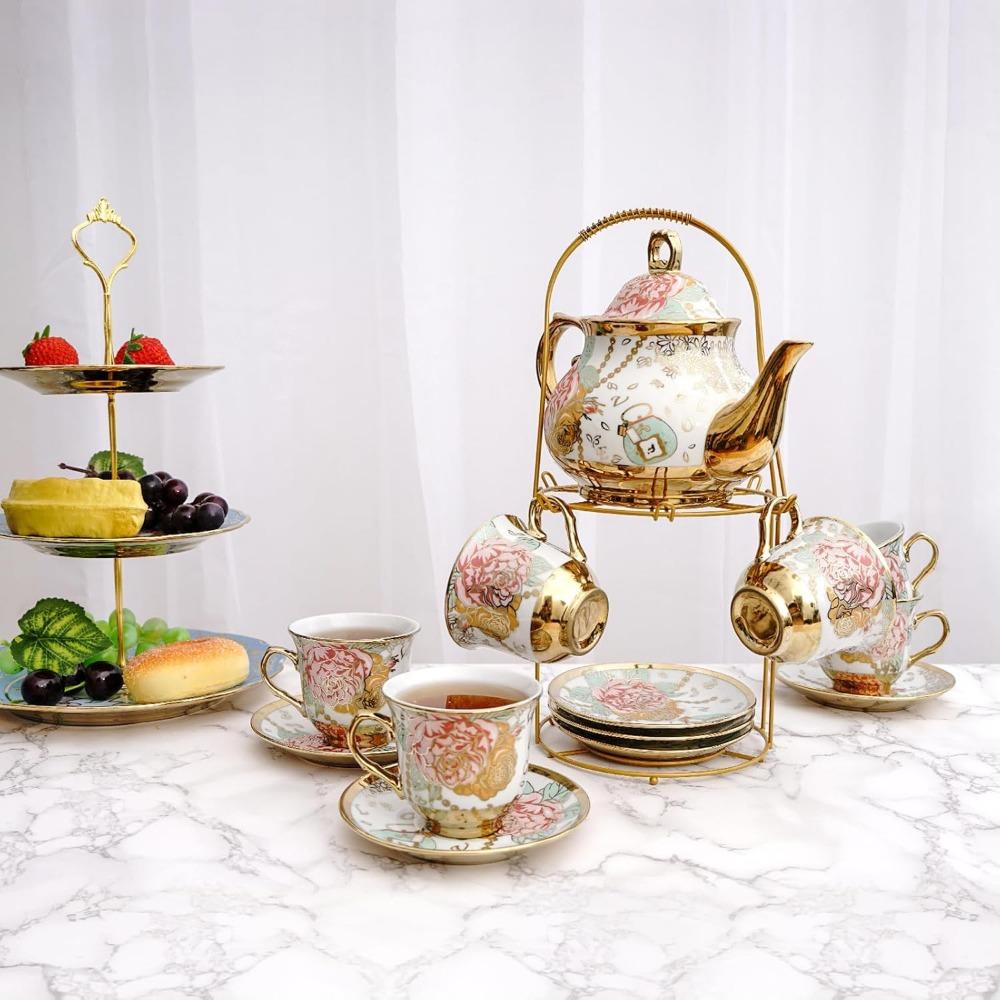 20 pieces European Vintage Ceramic Tea set, Adult tea Set, Afternoon Tea Set (Golden Rose, medium)