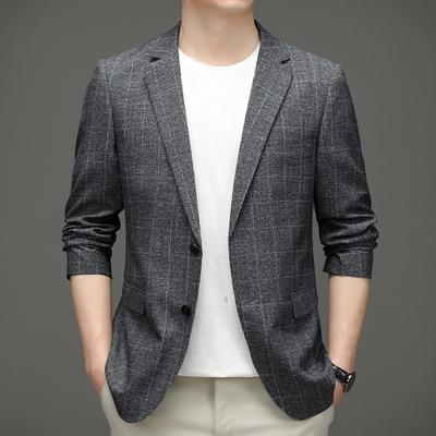 Suit Spring and Autumn Men's Casual Suit Korean Style Slim Small Suit Men's Blue Gray Plaid Suit Jacket
