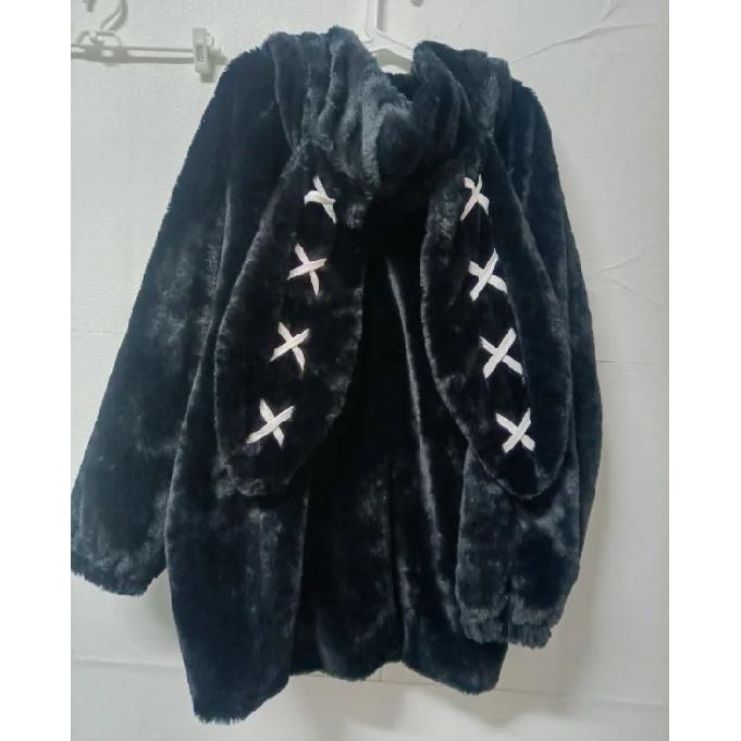 2026 Winterbekleidung Damenjacken Harajuku Hasenohren Punk Schwarz Mäntel Verdickt Pelzig Reißverschluss Übergroß Y2k Oberteile Ropa Mujer