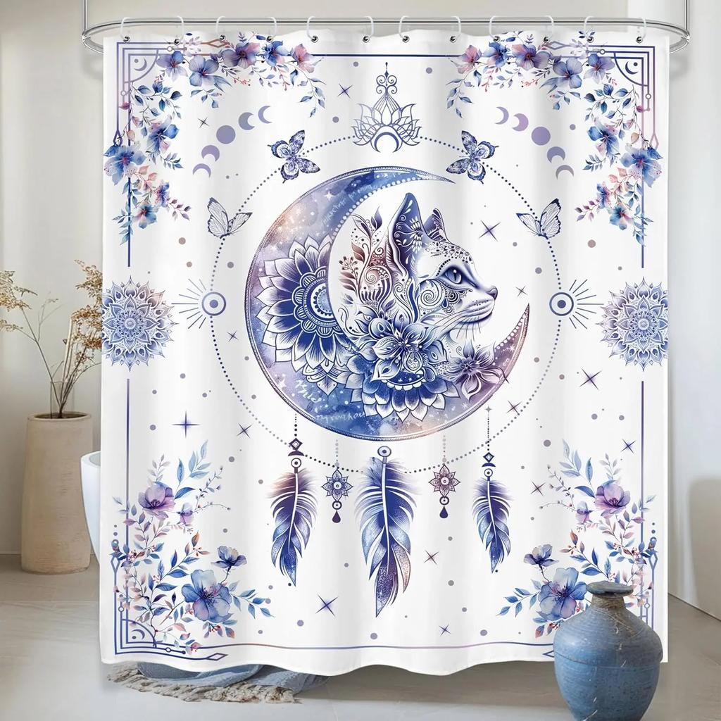 Japanese Cherry Cat Shower Curtain Black White Red Cute Animal Waterproof Polyester Bathroom Home Decorative Cover with Hook