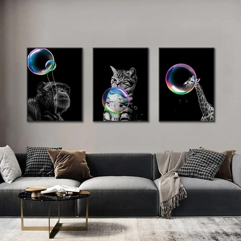 Black Cat with Colorful Bubbles Poster Cute Animal Giraffe Elephant Lion Posters and Prints Wall Arts Canvas Painting Home Decor