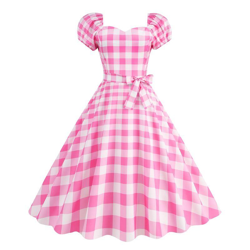 

Fashion Style Hepburn Graceful Hot Sale Hong Kong Style V-neck Pink Polka Dot Printed Checks Silm Slimming Dress 9787 XL