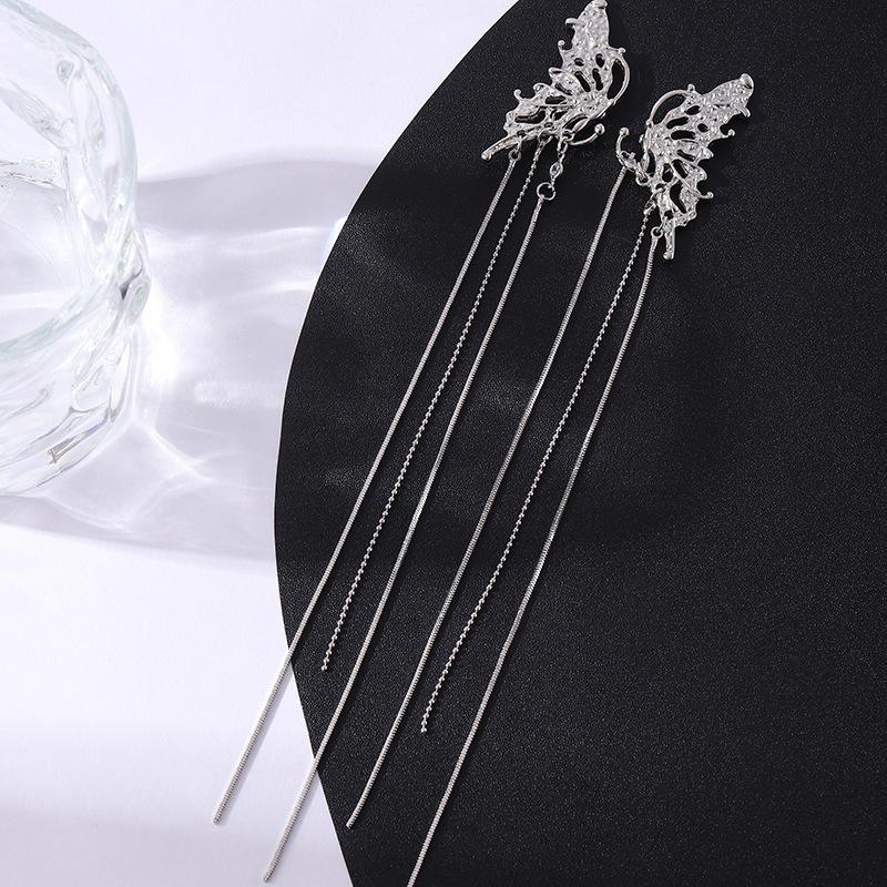 Fairy Butterfly Fringed Earrings Collection, Metal Wind Diamond Chain Earrings Exaggerated And Thin Stud Earrings