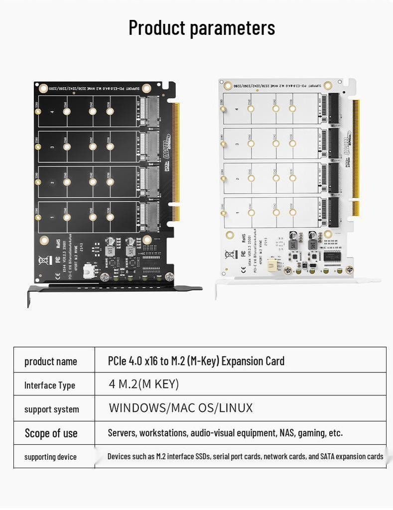 PCIe X16 Quad M.2 NVMe Expansion Card - 4-Bay RAID, Supports Software RAID, 2TB per Drive.